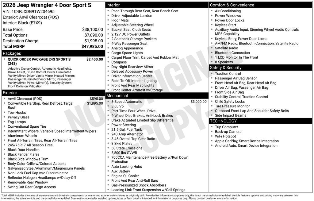 2026 Jeep Wrangler WRANGLER 4-DOOR SPORT S