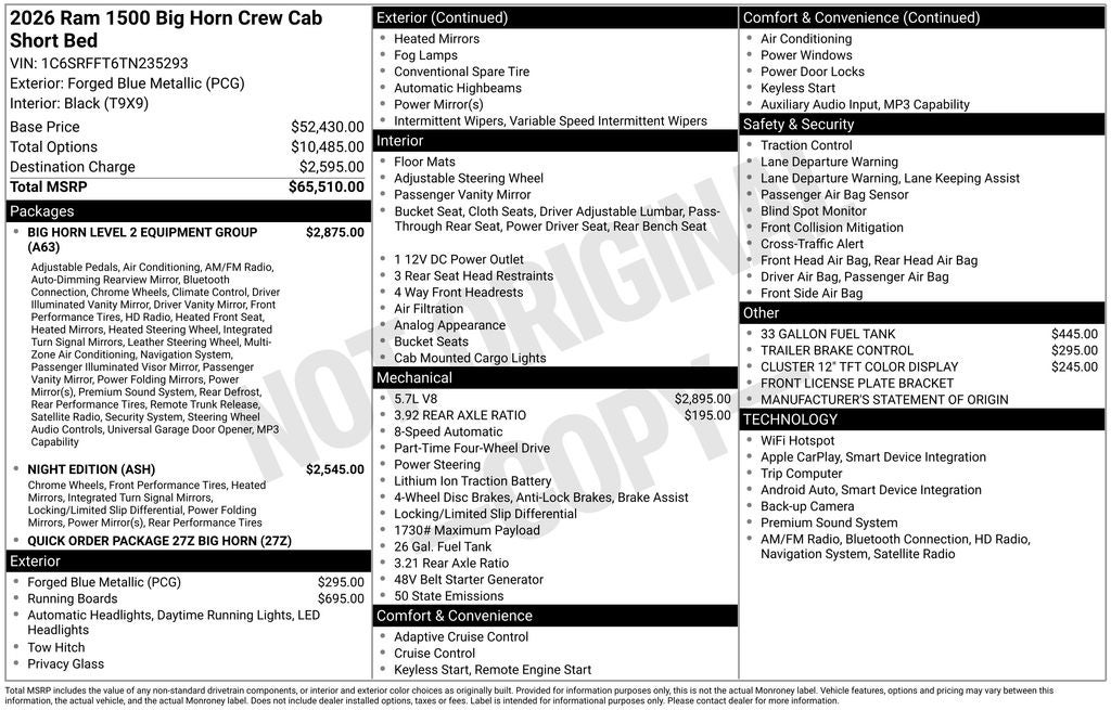 2026 RAM Ram 1500 RAM 1500 BIG HORN CREW CAB 4X4 5'7' BOX