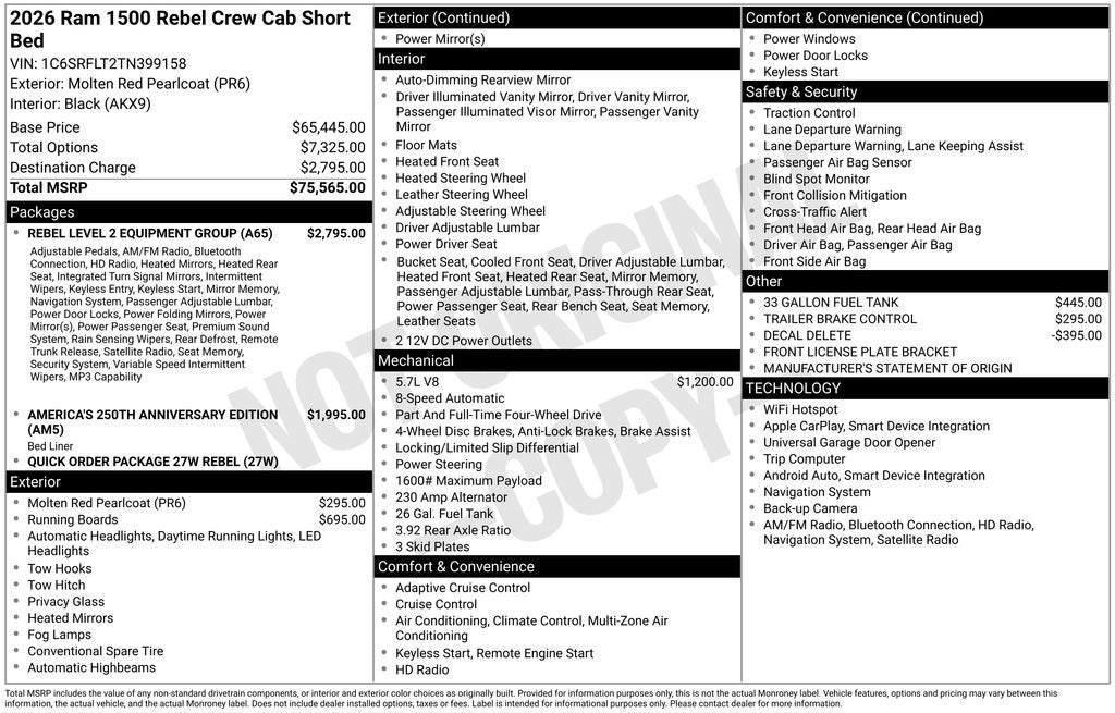 2026 RAM Ram 1500 RAM 1500 REBEL CREW CAB 4X4 5'7' BOX