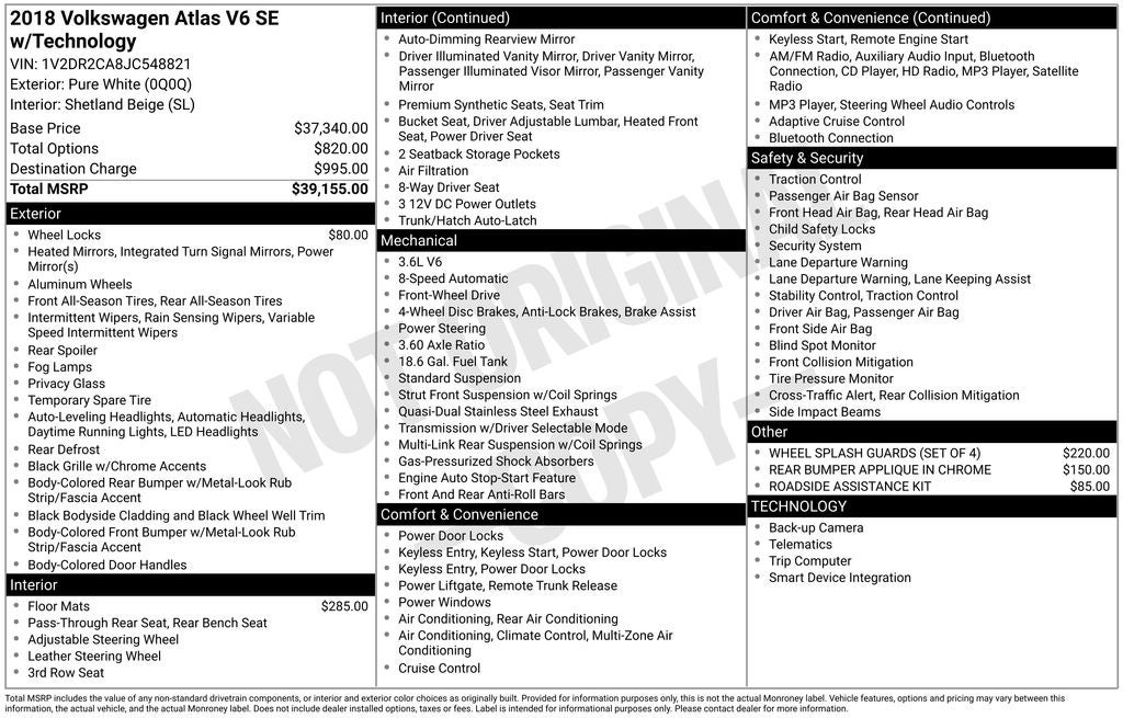 2018 Volkswagen Atlas 3.6L V6 SE w/Technology