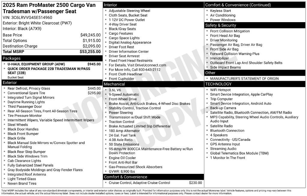 2025 RAM ProMaster 2500 Cargo Van Tradesman Low Roof 136' WB w/Pass Seat