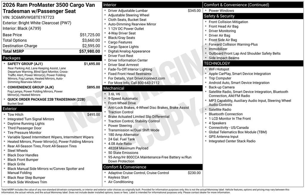 2026 RAM Ram ProMaster RAM PROMASTER 3500 TRADESMAN CARGO VAN LOW ROOF 136' WB